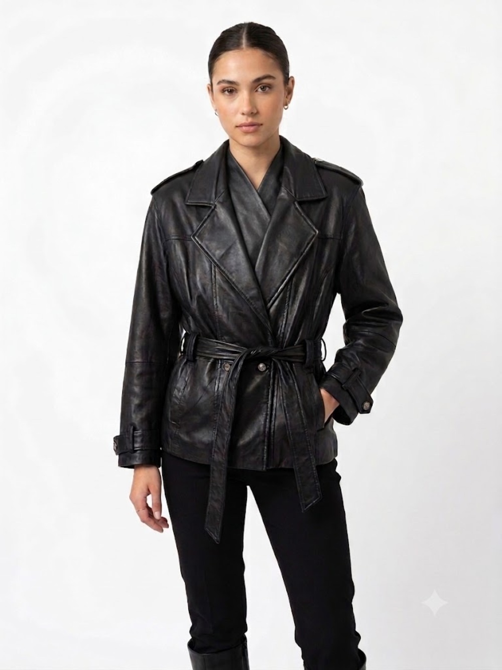 Black vintage Genuine Leather Belted Trench Jacket Size XL - Picture 2 of 10